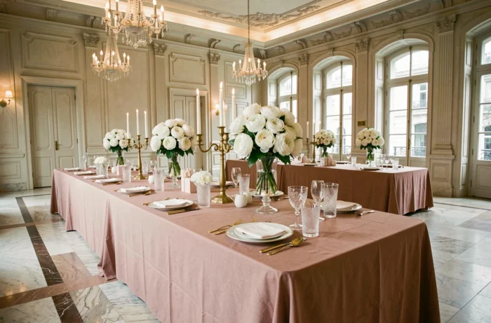 Décoration de table de mariage élégante dans une salle parisienne avec bougies dorées, pivoines blanches et verrerie en cristal