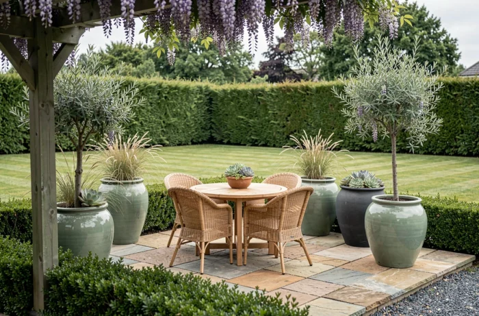 Terrasse de jardin aménagée avec mobilier en teck, grands pots décoratifs et pergola recouverte de glycine