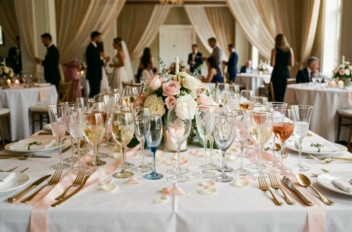 Table de mariage élégante avec une variété de verres décorés, fleurs, rubans dorés et couverts raffinés sur nappe blanche
