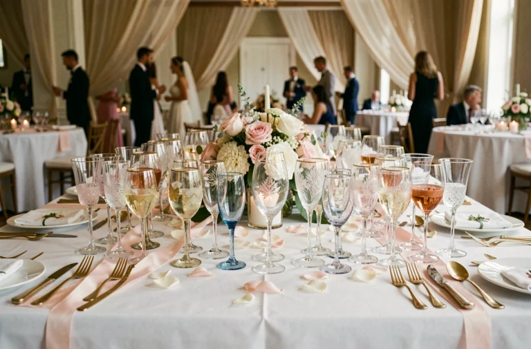 Table de mariage élégante avec une variété de verres décorés, fleurs, rubans dorés et couverts raffinés sur nappe blanche