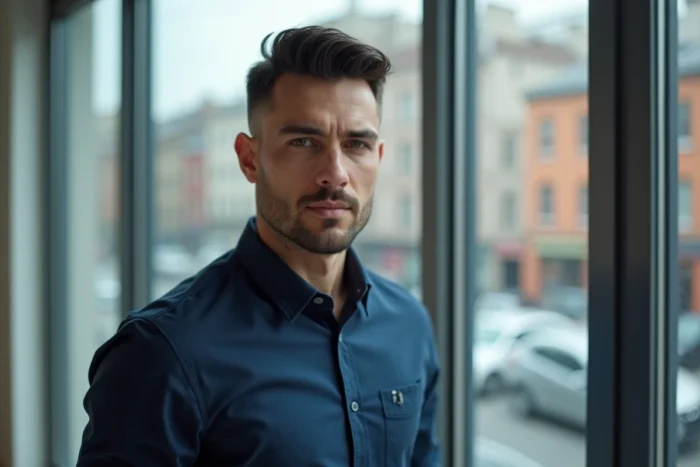 Homme aux cheveux dégradé bas avec raie côté en chemise bleue devant une fenêtre urbaine