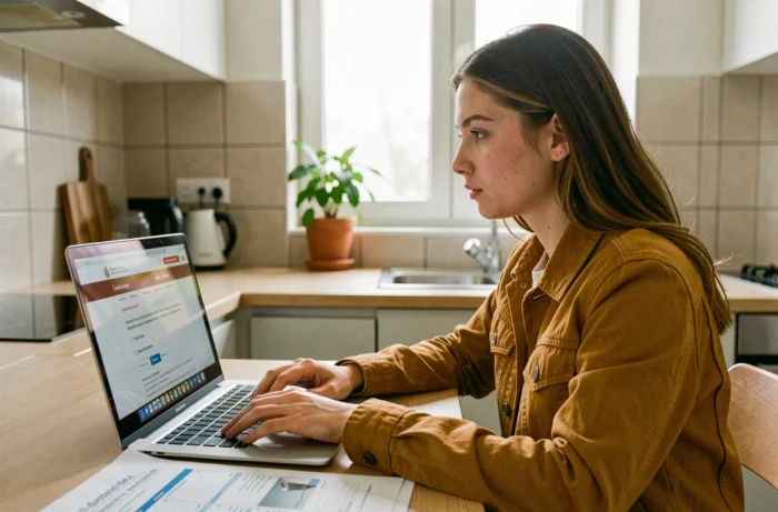 Jeune femme effectuant une demande de duplicata de bulletin scolaire en ligne depuis son domicile