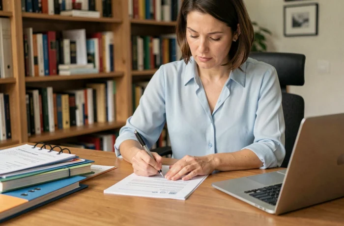 Femme remplissant un formulaire de demande de duplicata de bulletin scolaire à son bureau à domicile
