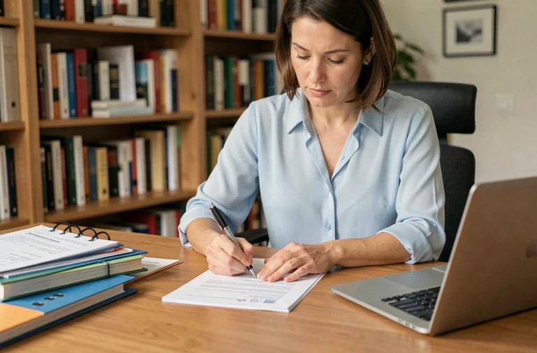 Femme remplissant un formulaire de demande de duplicata de bulletin scolaire à son bureau à domicile