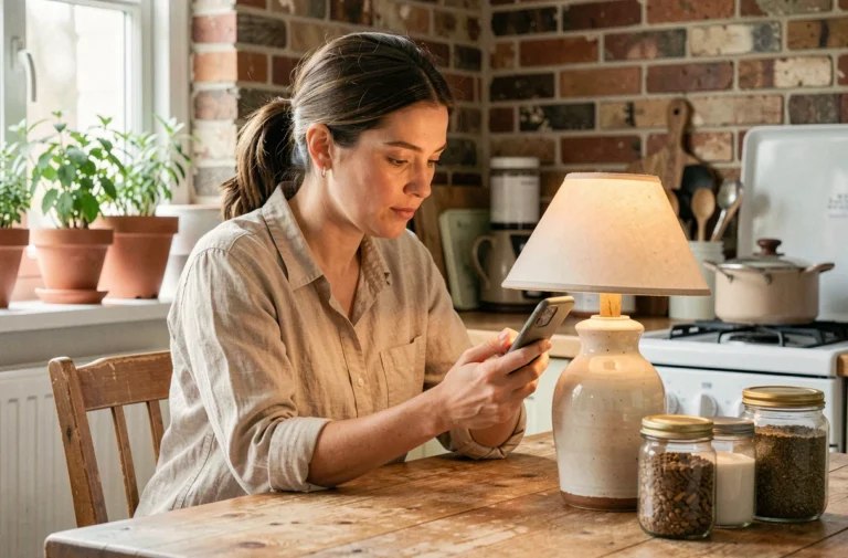Femme prenant en photo un objet pour déposer une petite annonce gratuite en ligne depuis sa cuisine