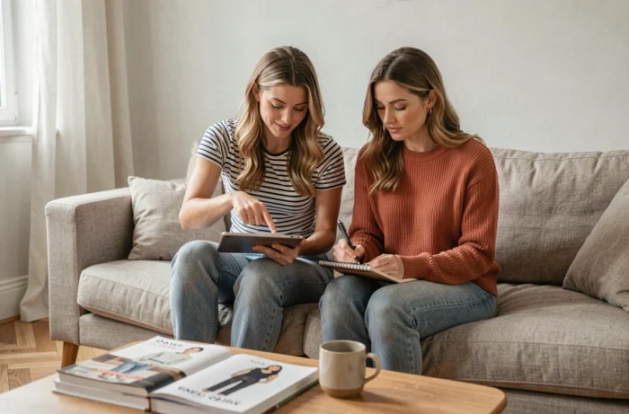 Deux femmes élégantes découvrant ensemble un plan de site de mode sur une tablette dans un salon moderne