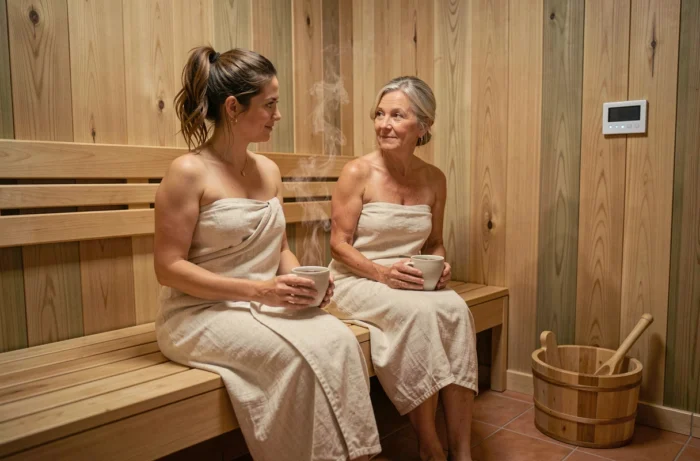Deux femmes partageant un moment de détente avec du thé dans un sauna infrarouge contemporain en bois d'eucalyptus