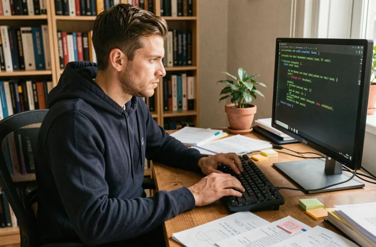 Développeur Linux travaillant sur un terminal en ligne de commande dans un bureau à domicile organisé