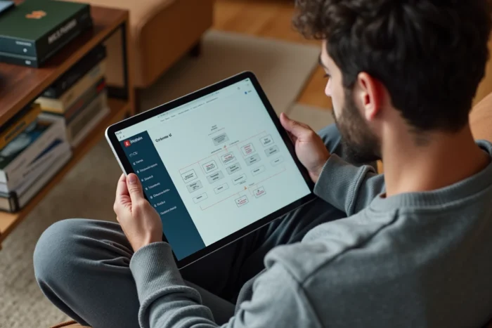 Un développeur web consultant un sitemap de site d'emploi sur tablette depuis son bureau à domicile