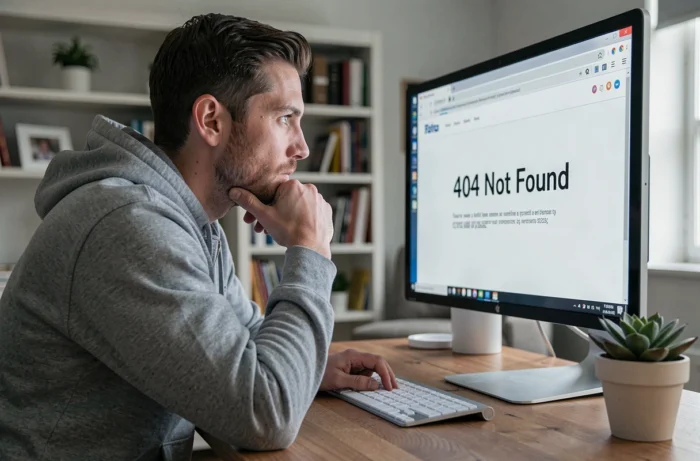 Développeur web assis à son bureau fixant un écran affichant une erreur 404 Not Found dans un navigateur
