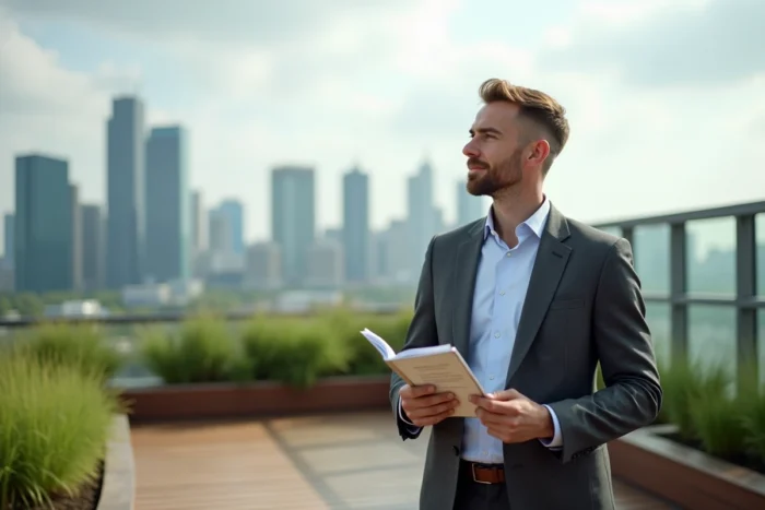 Homme d'affaires contemplatif sur une terrasse végétalisée tenant une brochure RSE avec un panorama urbain en arrière-plan illustrant les enjeux de durabilité
