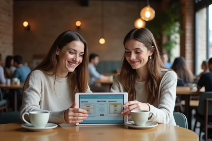 Deux femmes discutant de la navigation sur le site Kids Sitter autour d'une tablette dans un café