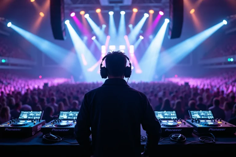 DJ professionnel derrière une console Pioneer dans une grande salle de concert privée avec scène et public