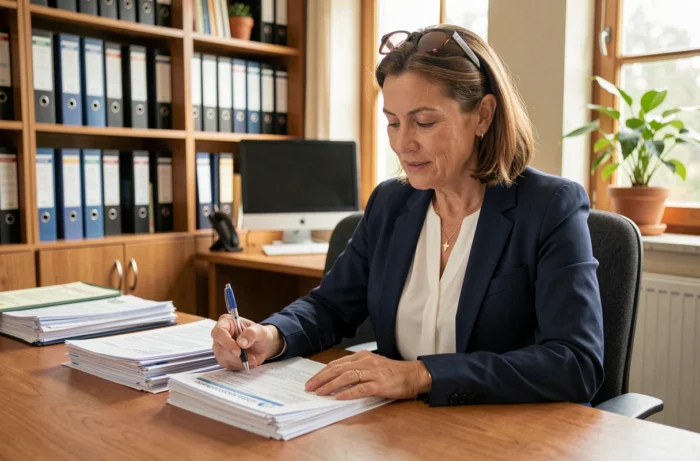 Femme examinant des documents administratifs pour l'achat d'un véhicule d'occasion