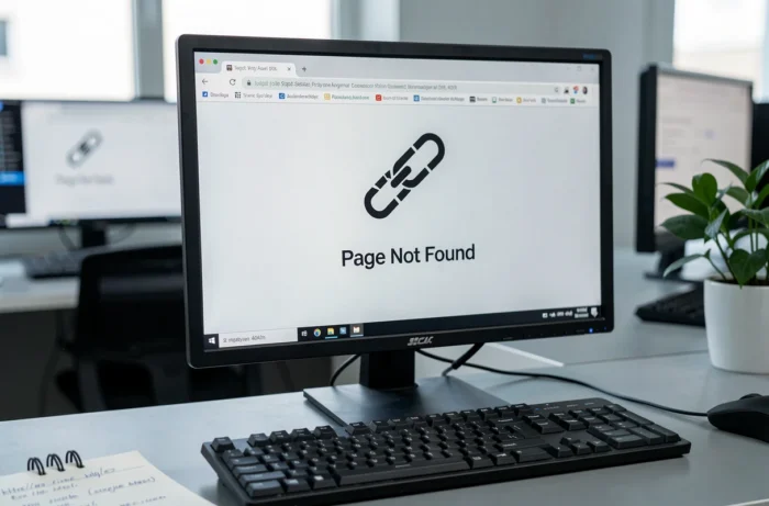 Gros plan d'un écran d'ordinateur affichant une page d'erreur 404 introuvable avec un clavier et des notes manuscrites