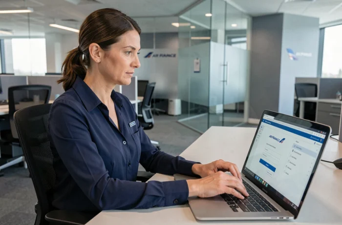 Employée Air France se connectant à l'intranet Intralignes sur un ordinateur portable dans un bureau administratif moderne