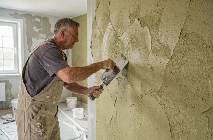 Artisan appliquant un enduit texturé à la taloche sur un mur d'accent dans un salon en rénovation