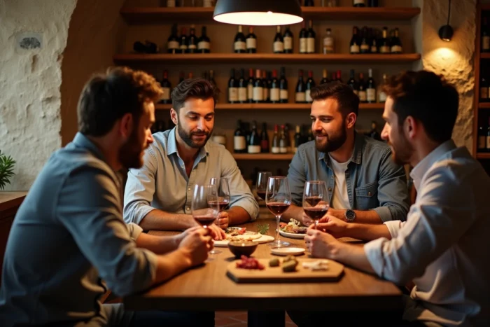 Groupe d'hommes participant à une dégustation de vins guidée dans une cave parisienne lors d'un enterrement de vie de garçon