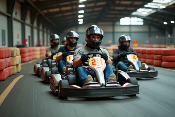 Amis en enterrement de vie de garçon faisant une course de karting dans une piste intérieure parisienne