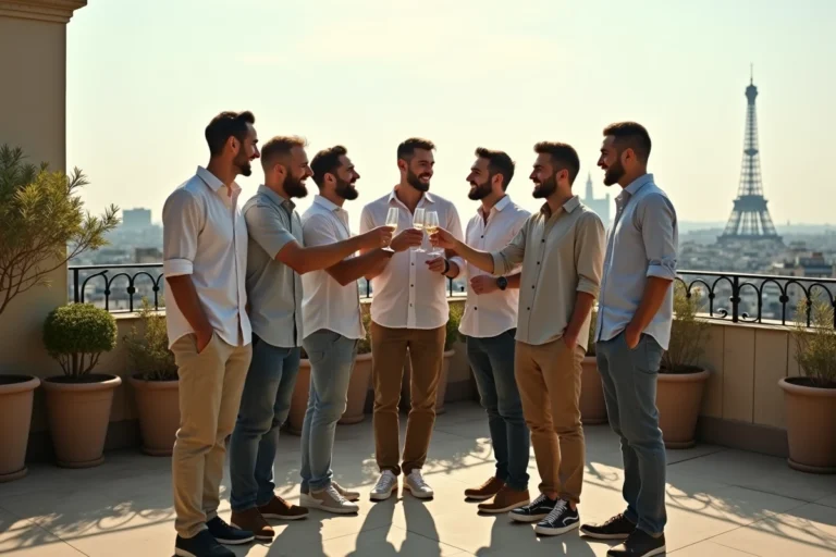 Groupe d'amis en enterrement de vie de garçon portant un toast au champagne sur un rooftop parisien avec vue sur la Tour Eiffel