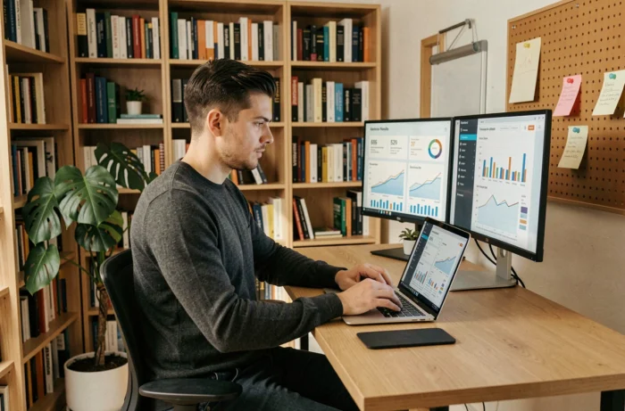 Jeune entrepreneur travaillant sur des tableaux de bord analytiques dans un bureau à domicile moderne et bien aménagé