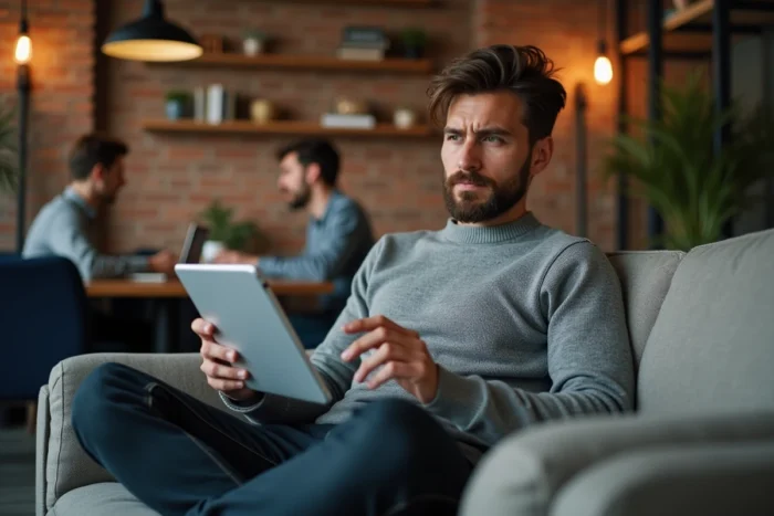 Jeune entrepreneur consultant un tableau de bord publicitaire sur tablette dans un espace de coworking