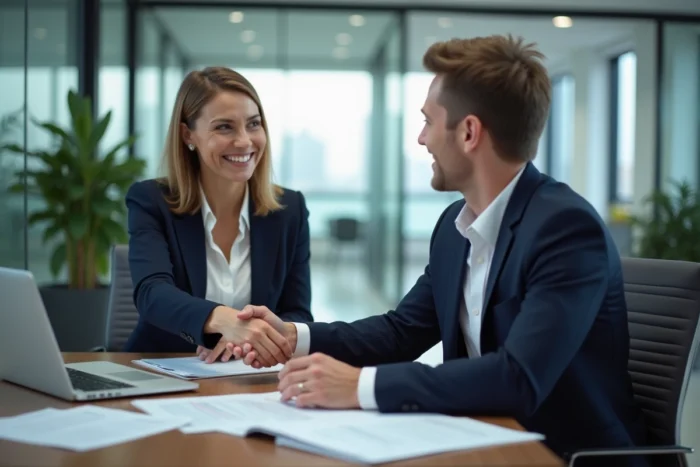 Femme professionnelle serrant la main d'un recruteur lors d'un entretien d'embauche dans un bureau moderne