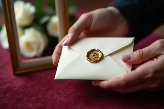 Gros plan de mains tenant une enveloppe de cadeau lors d'un mariage juif avec cachet doré