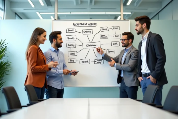Une équipe de professionnels collaborant sur l'architecture de navigation d'un site d'emploi autour d'un tableau blanc