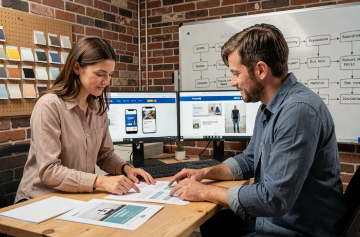 Équipe de designers collaborant sur la création et l'optimisation d'un site web professionnel en agence