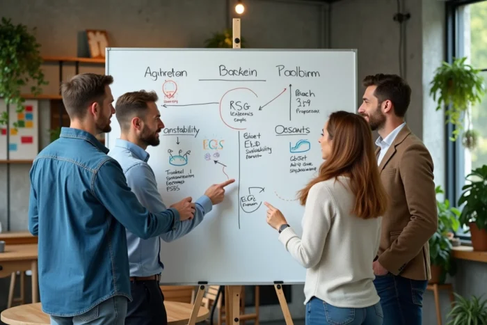 Équipe de professionnels discutant des liens entre critères ESG et RSE devant un tableau blanc dans un bureau ouvert et éco-responsable