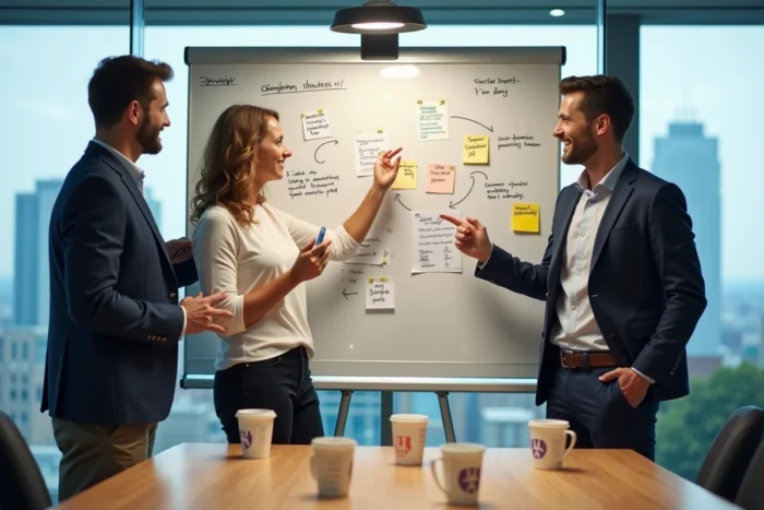 Équipe de professionnels en réunion de stratégie de campagne marketing digital autour d'un tableau blanc