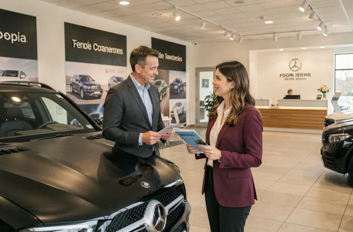 Deux conseillers commerciaux Mercedes en discussion professionnelle dans une concession automobile française moderne