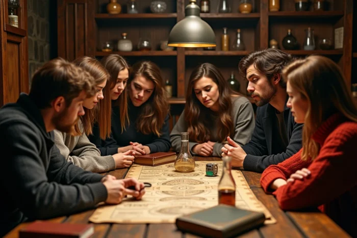Groupe d'amis adultes résolvant des énigmes dans un escape room thématique ambiance laboratoire victorien