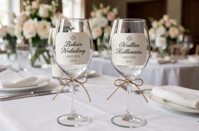 Verres à vin avec étiquettes personnalisées portant les noms des invités et la date du mariage, servant de marque-places