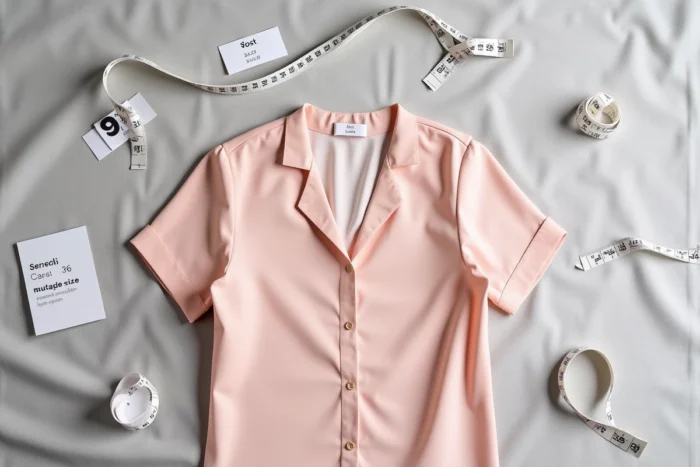Flat lay d'étiquettes de vêtements avec équivalences de taille S en systèmes international, américain et britannique sur fond lin gris