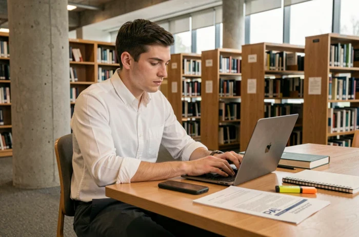 Étudiant consultant son plan d'accompagnement étudiant sur un document imprimé à la bibliothèque universitaire