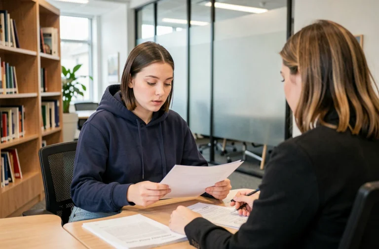 Étudiante discutant de son plan d'accompagnement des étudiants (PAE) avec un conseiller universitaire dans un bureau académique moderne