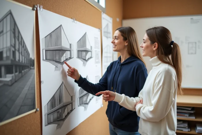 Étudiantes en architecture commentant des planches de coupes longitudinales et transversales affichées dans une salle de critique universitaire