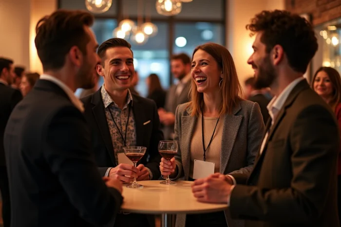 Groupe de professionnels échangeant lors d'un événement de networking et de réseautage emploi