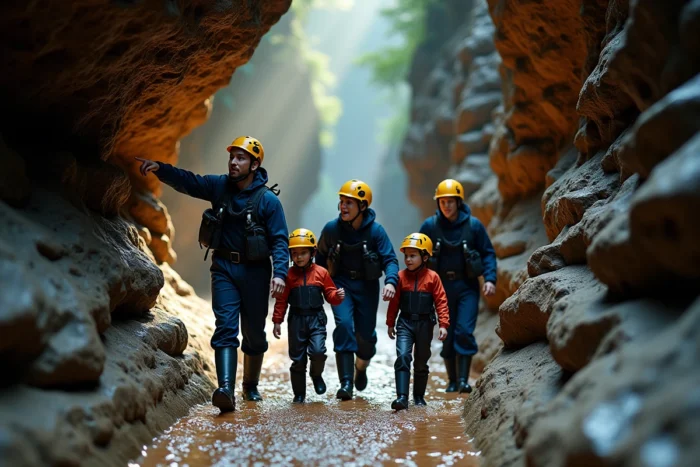 Famille explorant une grotte souterraine en combinaison étanche lors d'une aventure spéléologie immersive