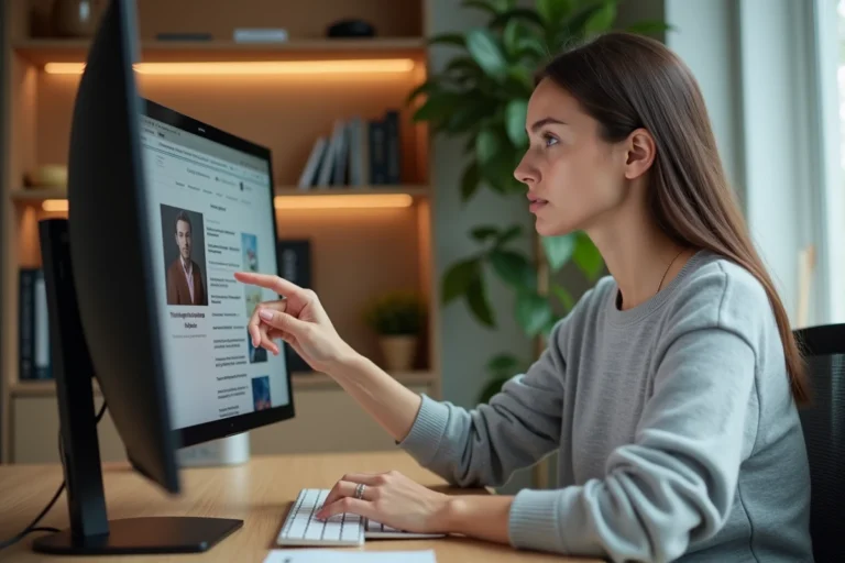 Femme explorant la structure et les rubriques d'un site d'actualités en ligne depuis son bureau à domicile