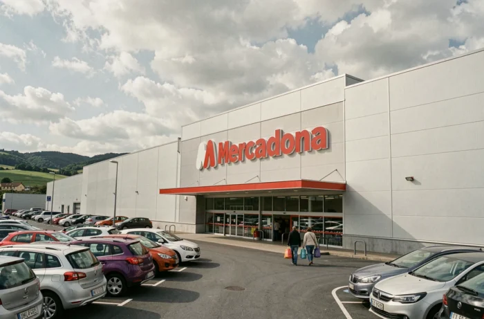 Façade extérieure d'un supermarché Mercadona en Espagne près de la frontière française avec parking animé