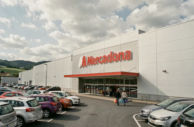 Façade extérieure d'un supermarché Mercadona en Espagne près de la frontière française avec parking animé