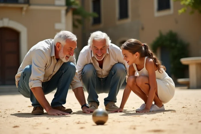 Famille multigénérationnelle jouant à la pétanque sur une place de village provençale, grand-père, père et adolescente réunis autour d'une partie conviviale en plein air