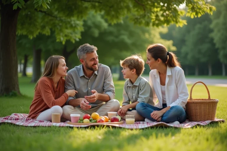 Famille en train de pique-niquer dans un parc verdoyant, parents et adolescents assis sur une couverture écossaise entourés de fruits frais et de paniers en osier
