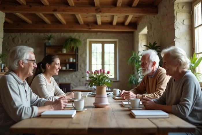 Famille réunie autour d'une table en pierre dans une maison de campagne française, symbolisant l'intimité familiale loin des projecteurs