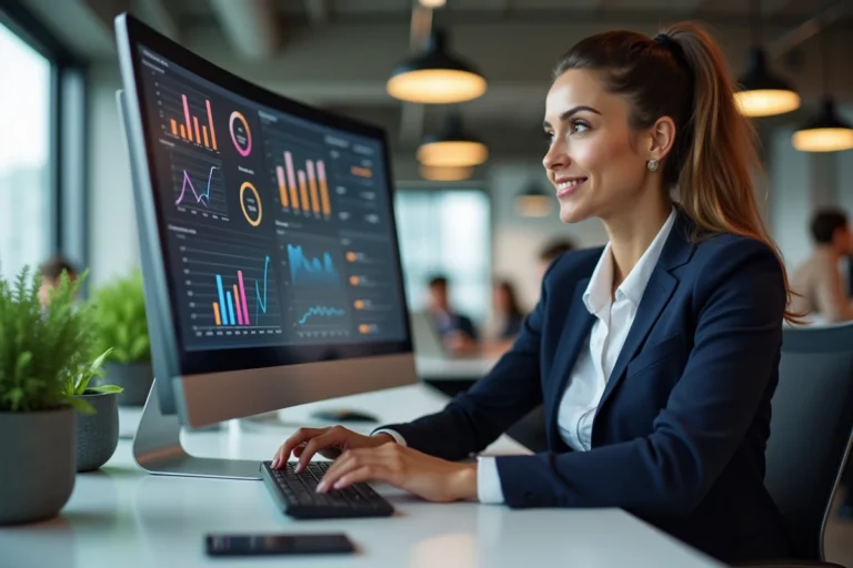 Femme professionnelle analysant des données de marketing digital sur un écran d'ordinateur dans un bureau moderne