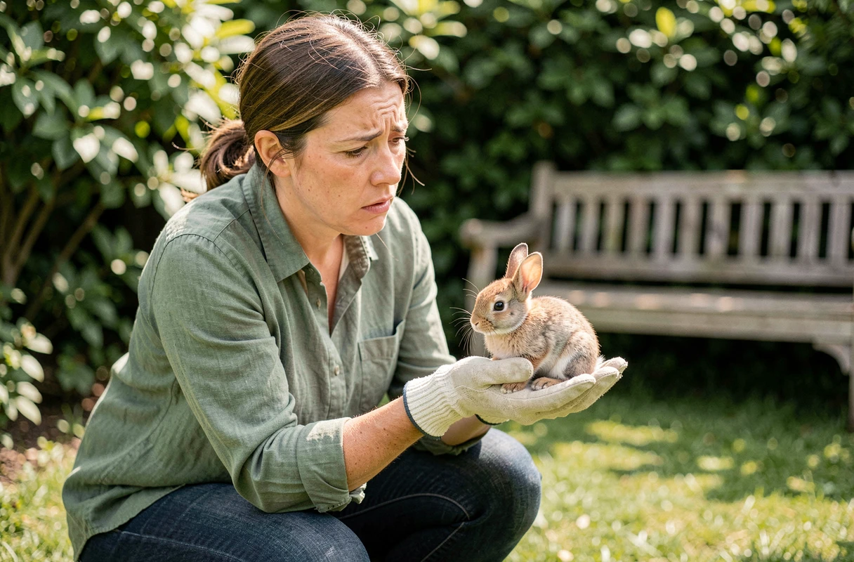 Femme adulte tenant délicatement un bébé lapin sauvage dans sa main gantée dans un jardin, expression préoccupée et attentionnée