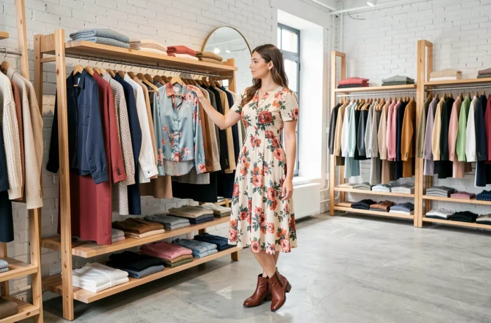 Femme explorant un portant de vêtements colorés dans une boutique de mode féminine contemporaine